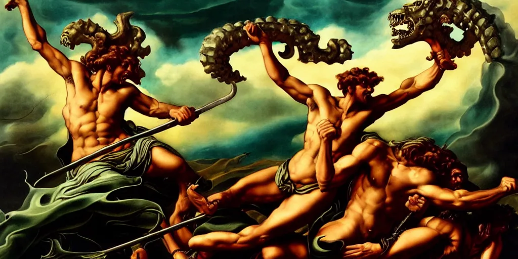 Image similar to Heracles slaying the Lernaean Hydra, by Rolf Armstrong and Evelyn De Morgan, dramatic lighting, high contrast colors, baroque, empyrean, panoramic view, as trending on Artstation, highly detailed, doom engine,