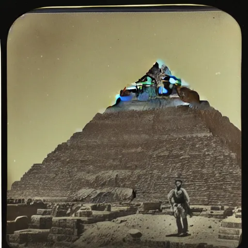 Prompt: tintype photo, Bigfoot on the pyramids