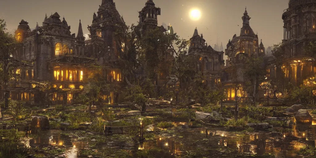 Image similar to A landscape of a forgotten city in the nature. shining, antic city architecture, nature, magical atmosphere, very very very beautiful, Intricate detailed, octane render, unreal engine, ultra detailled, ultra realistic, 4k, 8k, night time, full moon, glowing