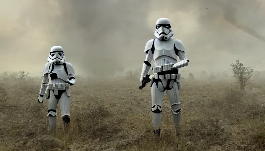 Image similar to Photorealistic Rendering of a Stormtrooper in World War!! 2 on a battlefield between ruins, Wallpaper, Hyperdetailed, Raytraced, Haze, Style of Claude Monet