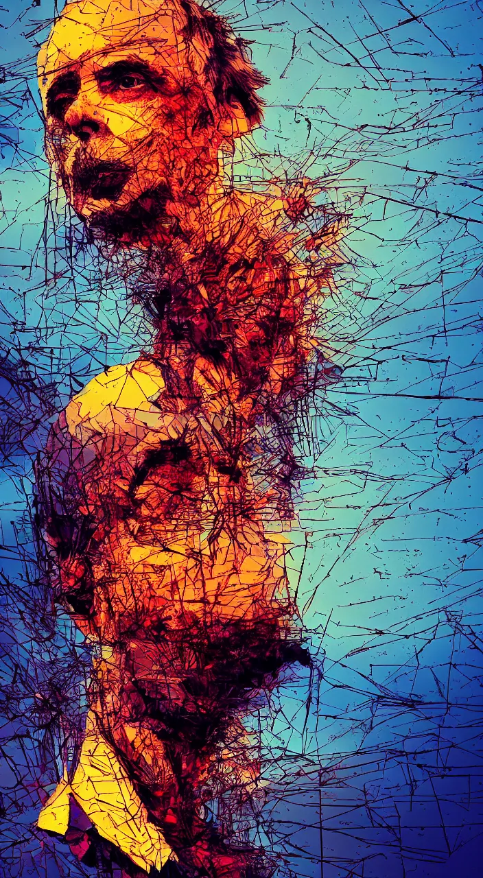 Image similar to pixel sorting in the style of ralph steadman, gearlord digital celluar automata, vivid dusk sunlight, color film grain, ultra realistic