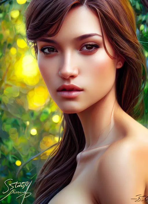 Image similar to photo of a gorgeous female in the style of stefan kostic, realistic, half body shot, sharp focus, 8 k high definition, insanely detailed, intricate, elegant, art by stanley lau and artgerm, extreme bokeh foliage