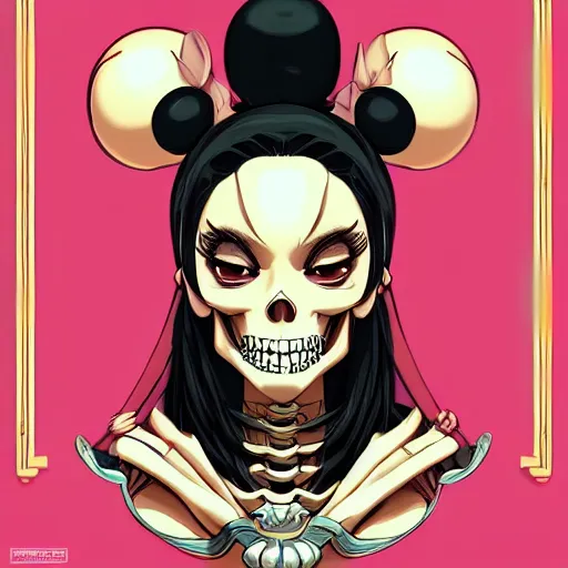 Image similar to anime manga skull profile young woman skeleton, minnie mouse, marge simpson, unreal engine, intricate, elegant, highly detailed, digital art, art by JC Leyendecker and sachin teng