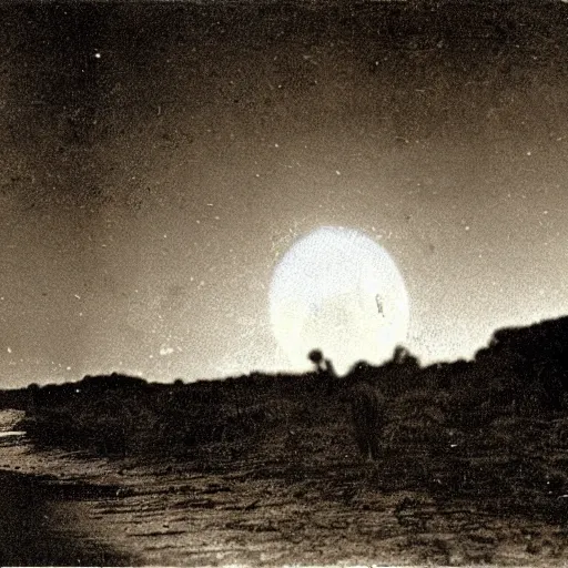 Image similar to an early 1 9 0 0 s photograph of a bioluminescent baby alien levitating above the beach, moonlight, nighttime