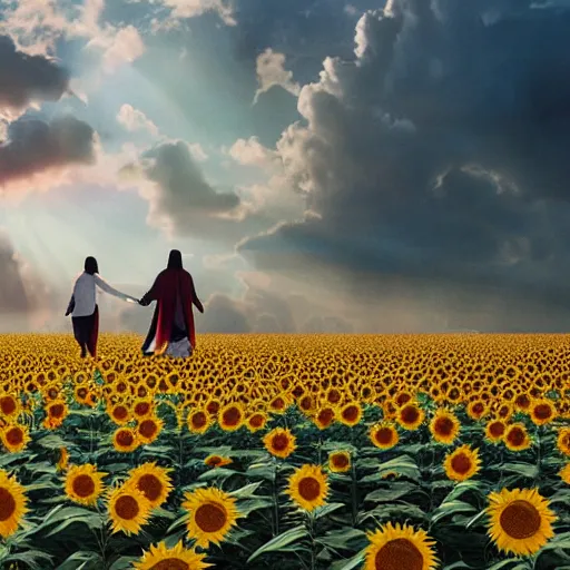 Prompt: hua cheng and xie lian walking through a sunflower field, afternoon light, realistic, artstation, xie lian and hua cheng are little, the background is big