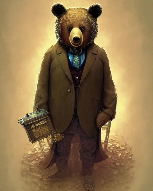 Image similar to anthropomorphic art of a detective bear in tardis, victorian inspired clothing by artgerm, victo ngai, ryohei hase, artstation. fractal papersand books. highly detailed digital painting, smooth, global illumination, fantasy art by greg rutkowsky, karl spitzweg