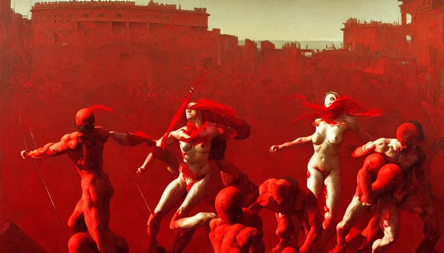 Image similar to only with red, gladiator battle in a crowded roman amphitheatre, crowd cheering, in the style of beksinski and edward hopper and rodcenko and yue minjun and cory loftis, intricate and epic composition, red by caravaggio, highly detailed, masterpiece, red light, artstation, art nouveau