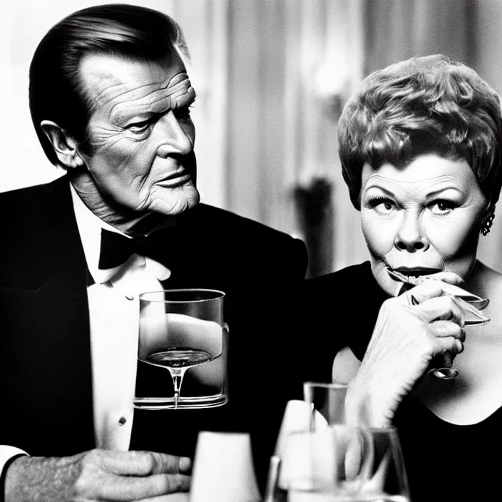 Prompt: hyper realistic, high detail photo of roger moore as james bond drinking martini with judy dench, beautiful, dreary lighting