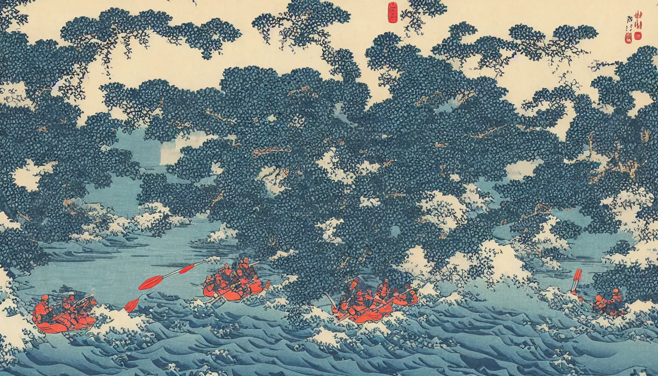 Prompt: river rafting by hokusai