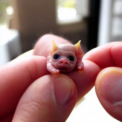 Prompt: a tiny pigmy baby demon in the palm of a person's hand, super cute