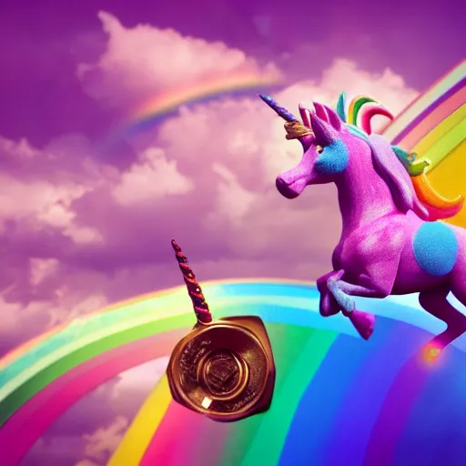 Image similar to a pink gnome riding a rainbow unicorn galloping under a rainbow, 4 k realistic, octane render, award winning