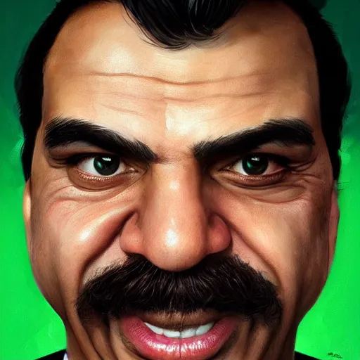 Image similar to hyper realistic portrait, beautifully rendered, luis guzman as luigi wearing green, smirking deviously, luigi, painted by greg rutkowski, wlop, artgerm, dishonored 2