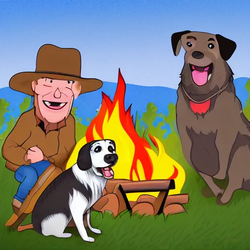 Prompt: cartoon image of hillbilly at a bonfire with his australian shepherd