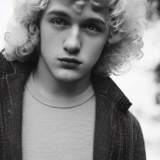 Image similar to close up of 1 8 year old man with wavy / curly light blonde hair, blue eyes, pale complexion, wearing 1 9 5 0 s clothing, 8 5 mm f / 1. 4