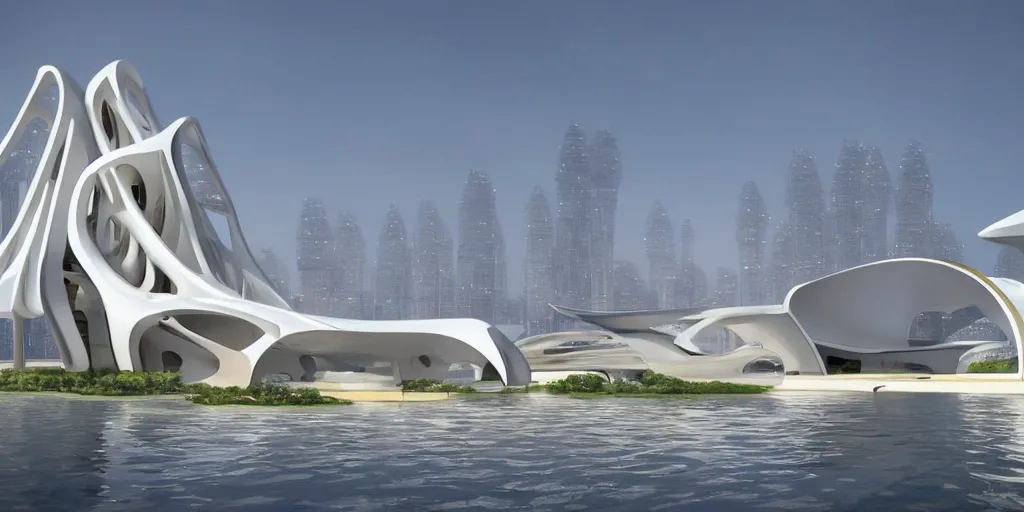 Image similar to mosque floating spaceship by zaha hadid, golds fantasy world