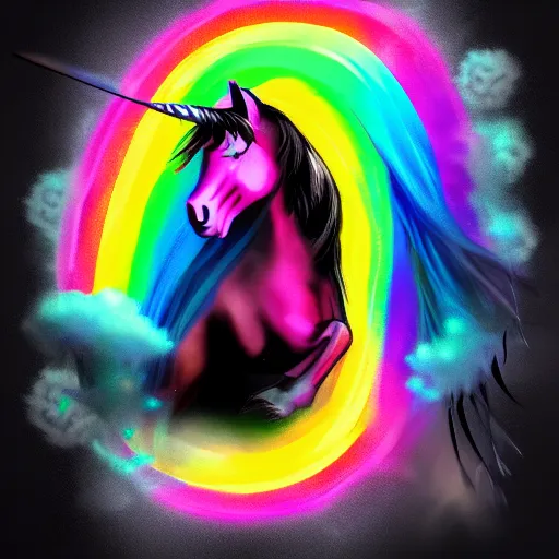 Image similar to digital illustion of a black unicorn with rainbow aura, deviantArt, artstation, artstation hq, hd, 4k resolution
