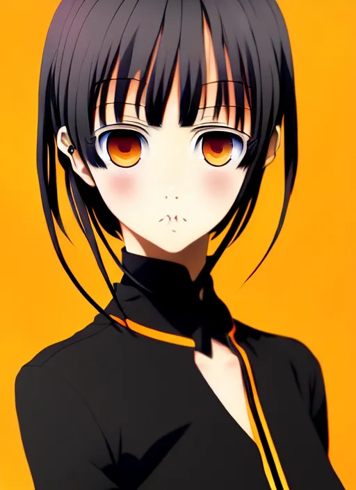 Image similar to anime portrait of a beautiful woman, yellow - orange eyes, ilya kuvshinov, black clothing, anime, pixiv top monthly, trending on artstation, cinematic, danbooru, zerochan art, kyoto animation