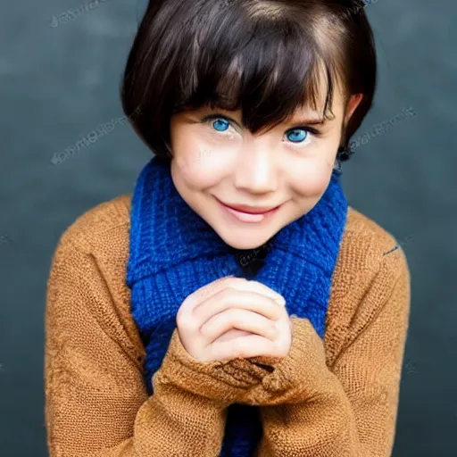 Image similar to beautiful cute girl with short blue hair, big brown eyes, wearing a brown sweater