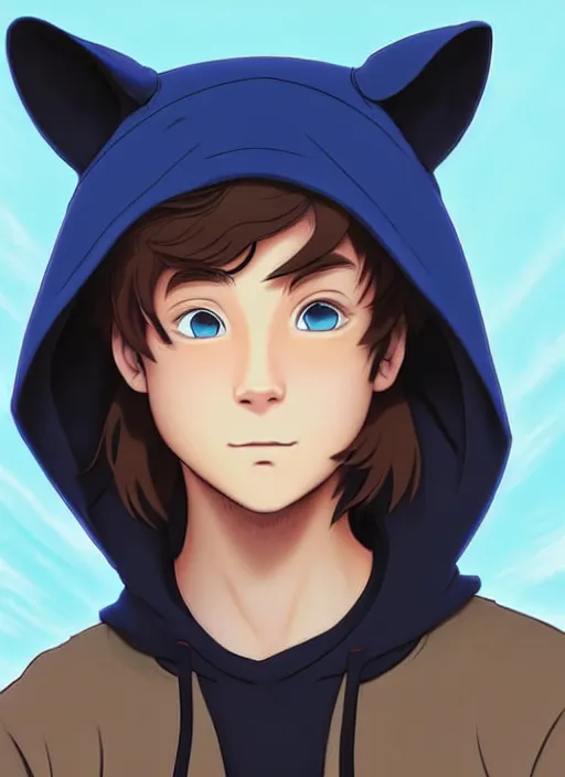 Prompt: teen boy with brown hair and big blue eyes, wearing a black hoodie with cat ears on top of it, natural lighting, path traced, highly detailed, high quality, cartoon, digital painting, by don bluth and ross tran and studio ghibli and alphonse mucha