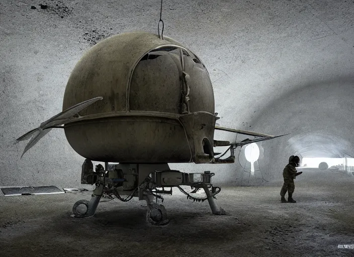 Prompt: engineer repairs special flying saucer full of modern military equipment, in the hall of area 55, high detail, ground fog, wet reflective ground, saturated colors, by Darek Zabrocki, render Unreal Engine-H 1500