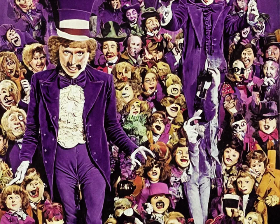 Image similar to a horror movie poster featuring willy wonka and the chocolate factory