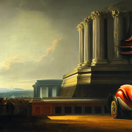 Prompt: sci-fi car dynamic organic forms structure car and wall structure in middle of the coronation of napoleon painting by Jacques-Louis David black ceramic material shiny gloss water reflections search pinterest keyshot product render 4k