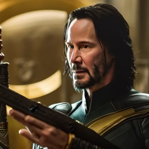 Image similar to film still of Keanu Reeves as Loki holding scepter in Avengers Endgame