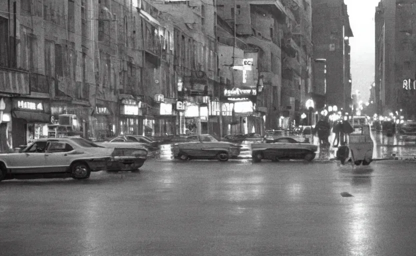 Prompt: 70s movie still of a soviet street from Sarajevo with cars and pedestrian , Cinestill 800t 18mm black and white, heavy grainy picture, very detailed, high quality, 4k panoramic, cinematic, neon billboards at night, rain, mud