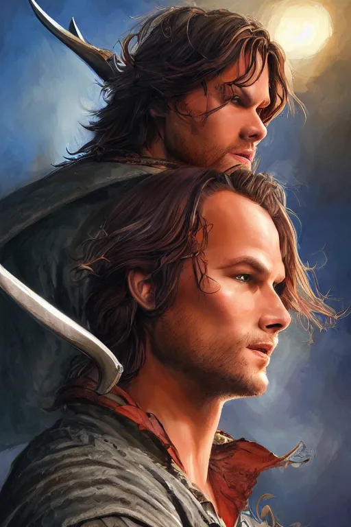 Image similar to front portrait of attractive sam winchester as a highlander in a romance book, fantasy style, sharp focus!, ultra detailed, art by artgerm and peter andrew jones, wlop