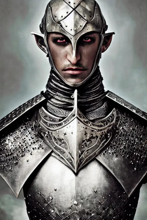 Image similar to head and shoulders portrait of an eldritch knight, drow, dark elf, shadar kai, male, breastplate, magical, high fantasy, d & d, by annie liebovitz, face details, extremely detailed, vogue fashion photo