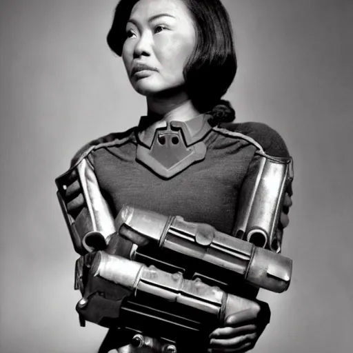 Prompt: A Filipino woman wearing Fallout 3 power armor, portrait, by Philippe Halsman