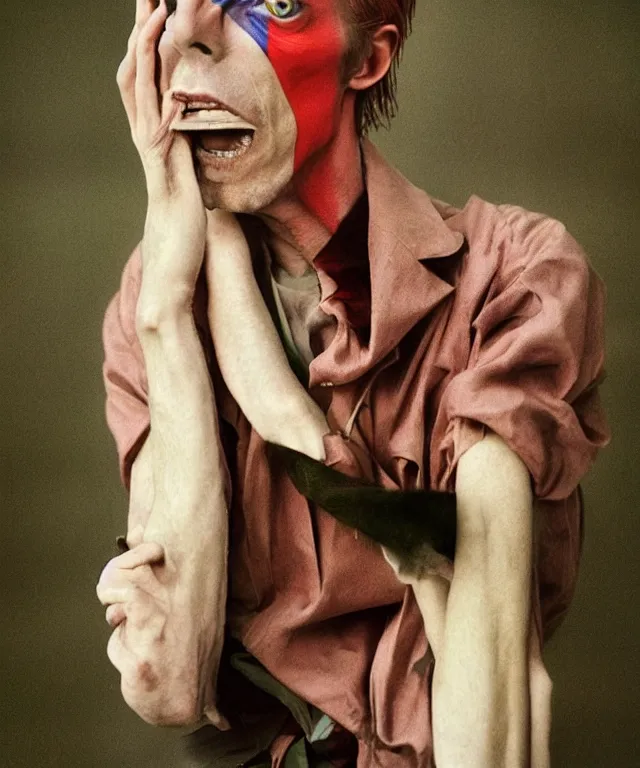 Prompt: a color photograph of david bowie, by kyle thompson, intense, bold, exaggerated, overblown, hyperrealistic, ultra sharp, extra details, ultra high quality, trending on pinteresst