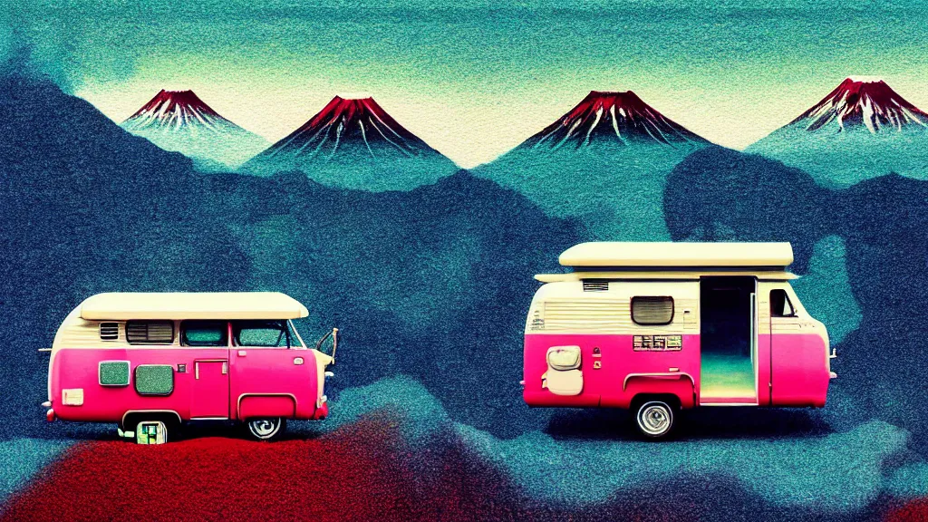 Image similar to japan various natural splendor and rural wonders, camper touring, a collage painting, in the style of wes anderson, lola dupre, david hockney, isolated on negative space background dark monochrome neon spraypaint accents volumetric octane render