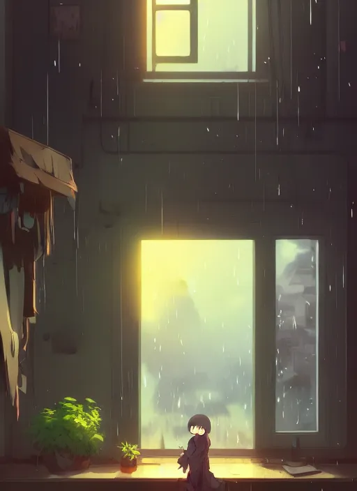 Prompt: [ background ] interior, near the window, rainy outside, illustration concept art anime key visual trending pixiv fanbox by wlop and greg rutkowski and makoto shinkai and studio ghibli