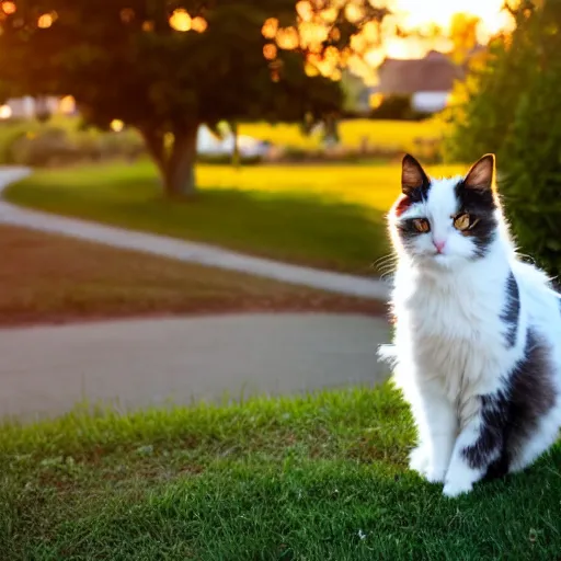 Image similar to a fluffy cute calico cat sitting on the corner of a front yard outside in the late afternoon on a beautiful summer day, sunset