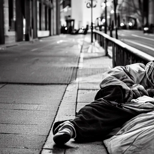 Prompt: homeless man sleeping on the streets, dramatic lighting