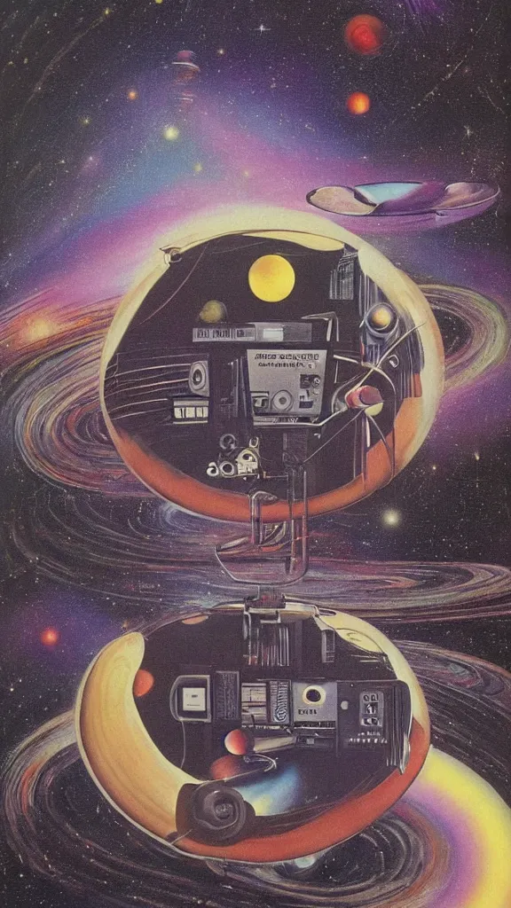 Prompt: 1 9 8 0 s airbrush surrealism illustration of a radio over a cosmic landscape by ryo ohshita
