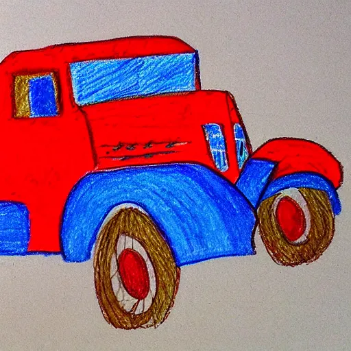 Prompt: a poorly drawn red truck with blue wheels, drawn using crayons, red and blue crayon, drawn on white paper