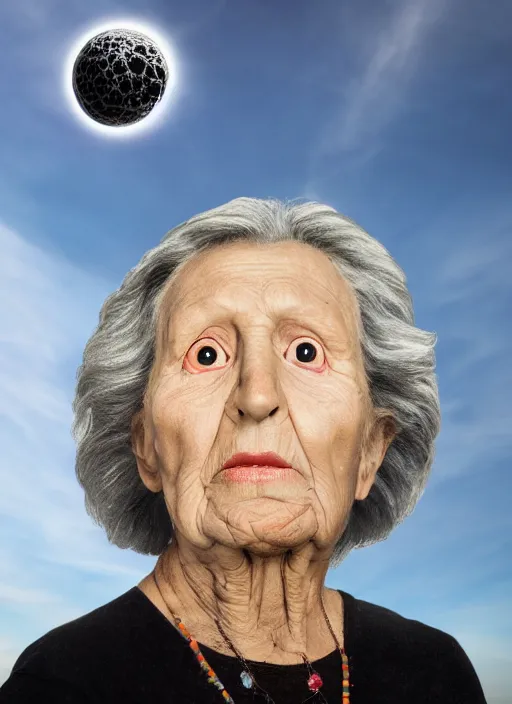 Prompt: a hyper realistic ultra realistic photograph of the 1000 foot tall grandma, highly detailed, 8k photo, meteor scared