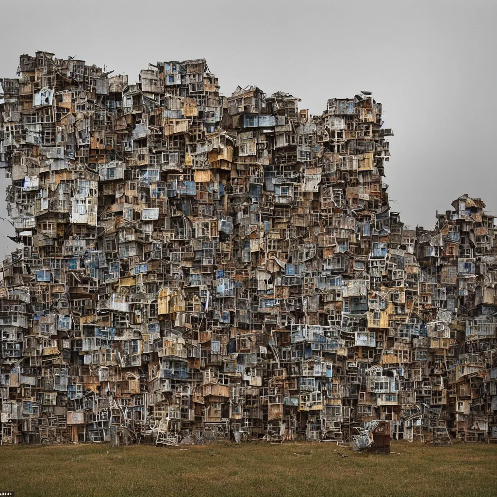 Image similar to towers made up of densely stacked makeshift squatter shacks with faded colours suspended over a quagmire, plain uniform sky at the back, misty, mamiya, ultra sharp, very detailed, photographed by julie blackmon, cristina de middel and john chiara