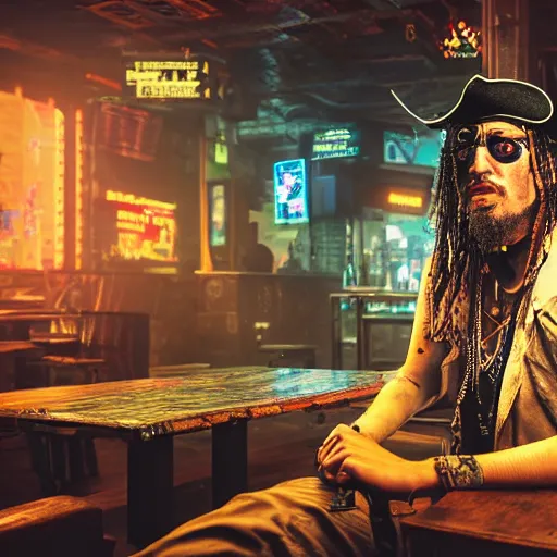 Prompt: a high quality portrait of a gritty pirate in a cyberpunk cyberpunk cyberpunk cafe, realism, 8k, award winning photo