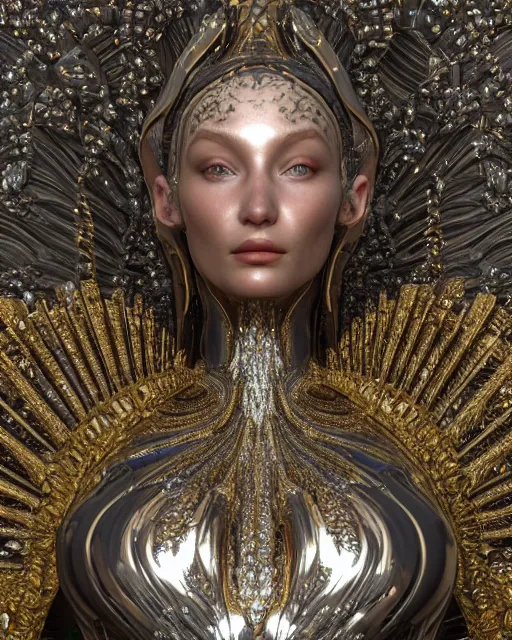 Image similar to a highly detailed metahuman 4 k close up render of an alien goddess bella hadid monument in iris van herpen armor schiaparelli in diamonds crystals swarovski and jewelry iridescent in style of alphonse mucha gustav klimt trending on artstation made in unreal engine 4