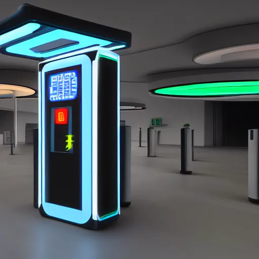 Image similar to indoor charging kiosk, brutalist, futuristic, in-game screenshot, 4k, 3d render, artstation, cgsociety