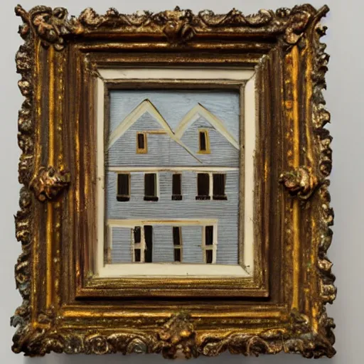 Image similar to a scary painting of a house in an moldy dusty frame