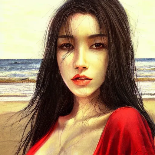 Image similar to woman with long dark black hair wearing red clothing standing by the beach, beautiful, 8k, highly detailed, realistic, artgerm, sakimichan, rutkowski, trending on artstation, perfect face, portrait, high contrast, golden light, dramatic lighting,