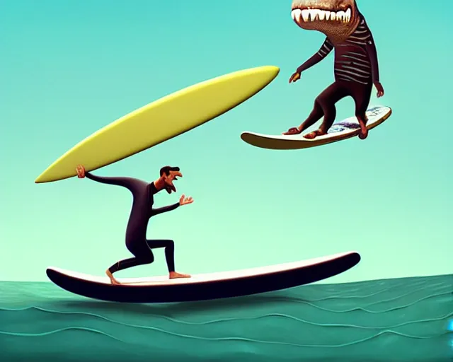 Image similar to a man surfing on a crocodile alike surfboard, a man using a crocodile as a longboard, funny cartoonish, by gediminas pranckevicius, 8 k cartoon illustration, impressive perspective