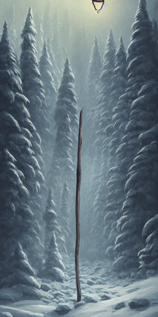 Prompt: a magical carved wooden staff mounted with a glowing crystal stuck in the ground halfway up a snowy mountain in the style of Sylvain Sarrailh, wispy magical smoke, beautiful digital art, cinematic composition, detailed, concept art, Matt painting, oil painting, high res