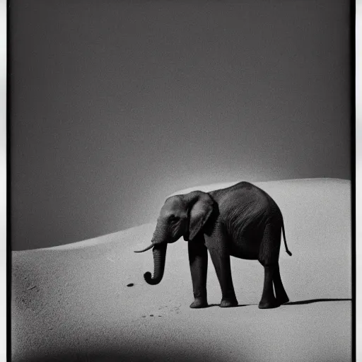 Image similar to extremely detailed black and white polaroid picture by john l. gaunt of a baby elephant standing on the moon's surface. very grainy picture. extreme lighting