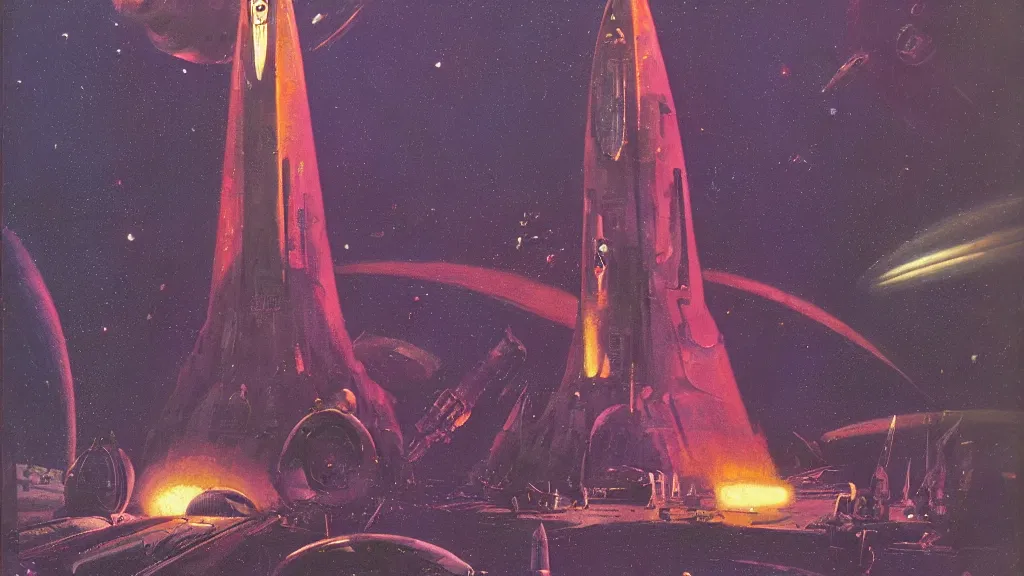 Image similar to rocket design by paul lehr and jack gaughan and john schoenherr, cinematic matte painting