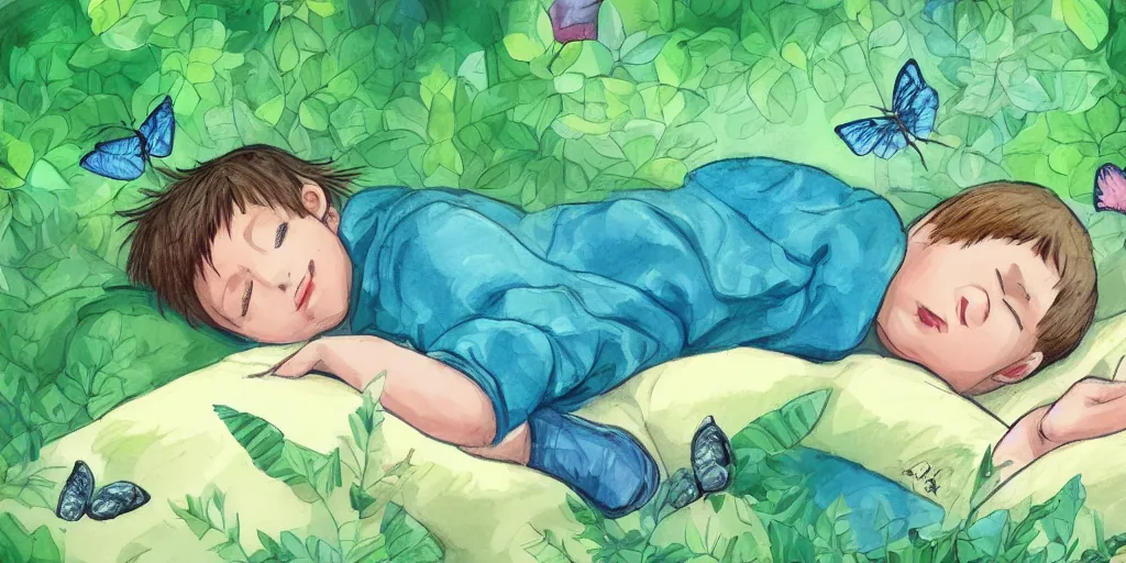 Prompt: a beautiful illustration of a little cute boy on his bed dreaming about a beautiful green forest with butterflies and birds, detailed face, beautiful colors, digital art